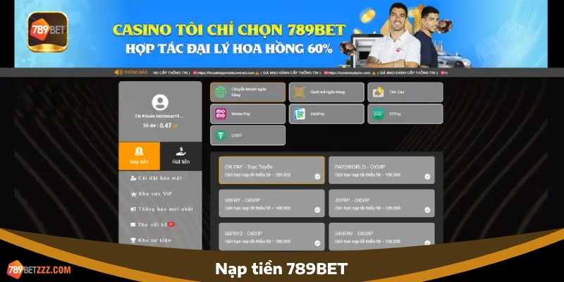 Các phương thức phổ biến khi nạp tiền 789BET